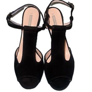 Giorgio Armani Black Suede Slingback Block Heel Sandals Size EU 37.5 (US 7.5)